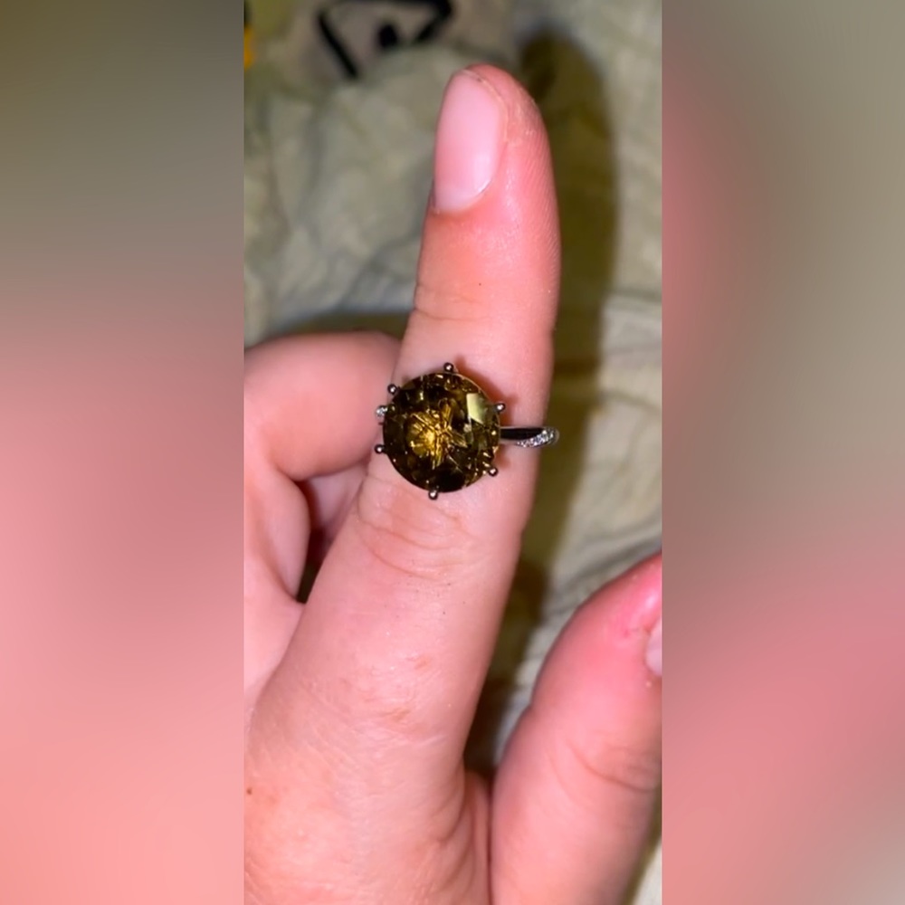 Smokey quartz adjustable ring with white sapphire on band